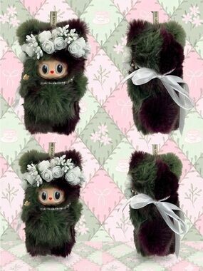 (27) Green & Dark Brown Plush Keychain with Floral Crown